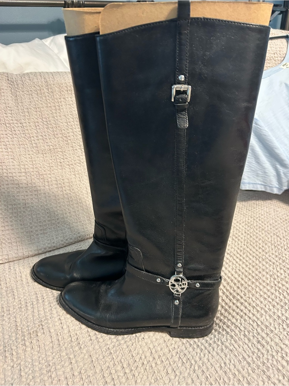 Coach Tall Black Leather Riding Boots with Silver Hardware